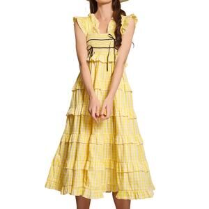 Dream Sister Jane Yellow Gingham Tiered Midi Dress XL Smocked Ruffle Cottagecore